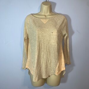 Little yellow button Anthro peach gray Women's Long Sleeve Top high low XS Swiss